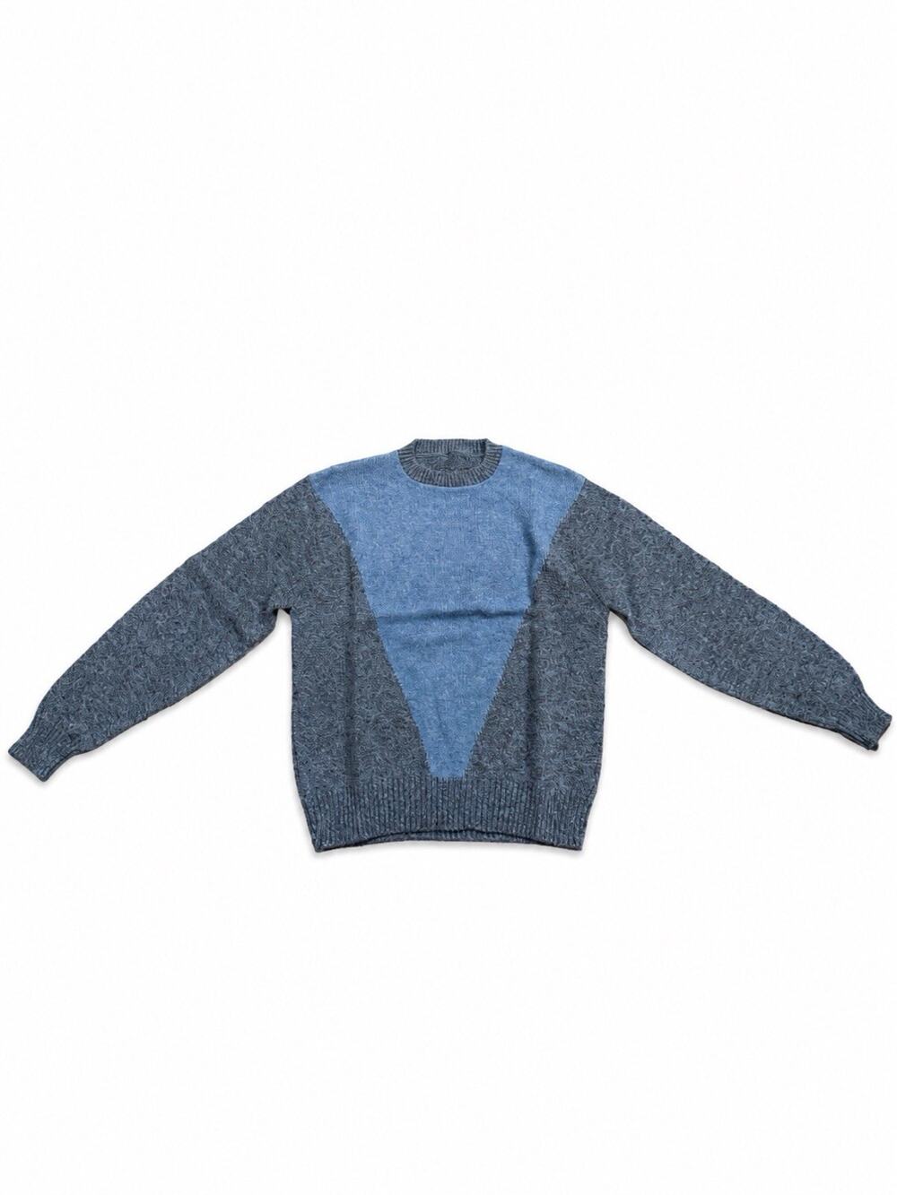 Vintage Men’s Large Blue Gray Colorblock Crewneck Knit Sweater